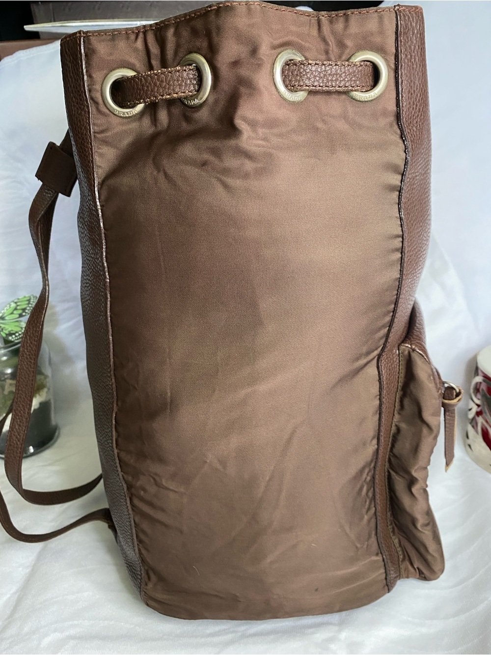Prada Brown Pebbled Leather Drawstring Backpack - Picture 2 of 13